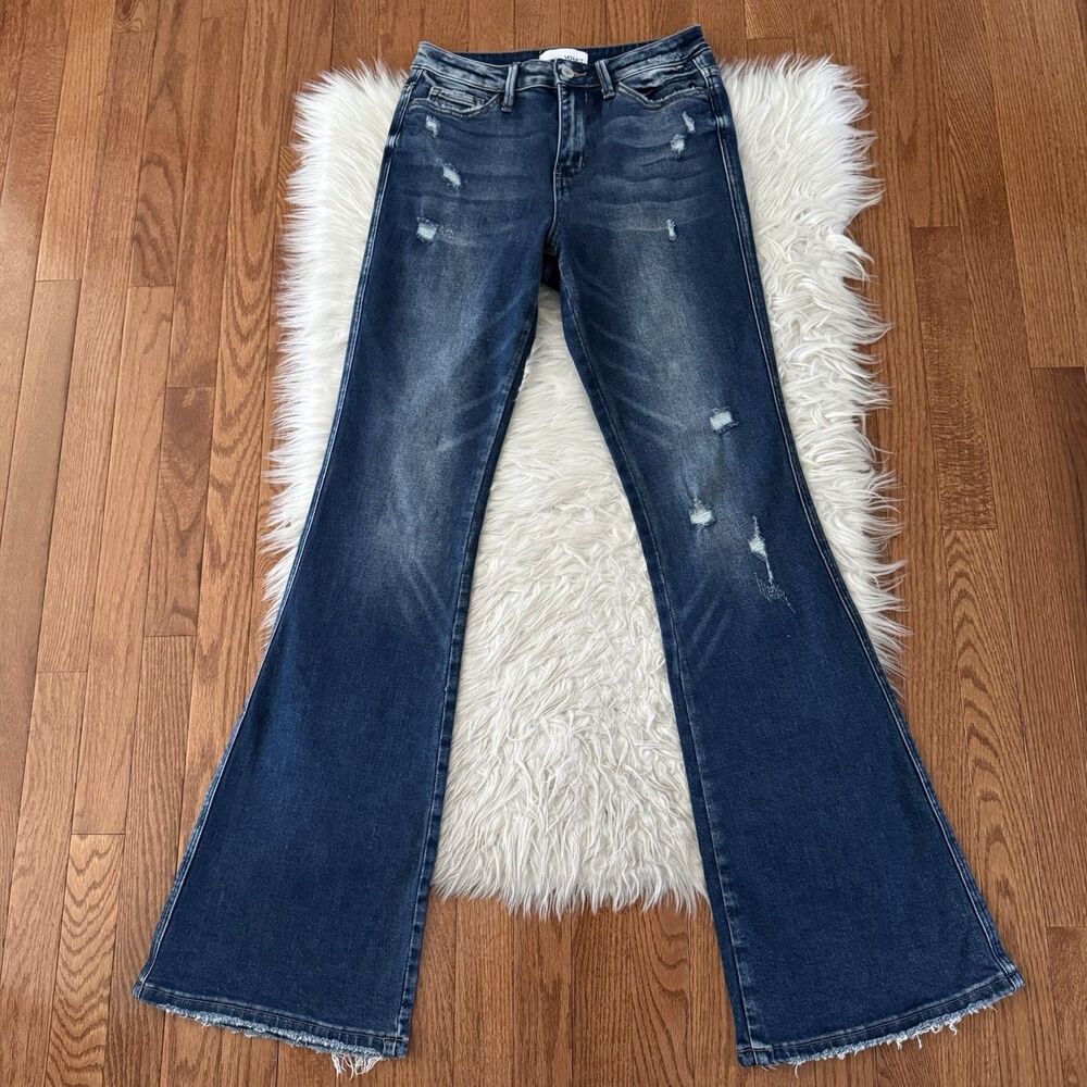 Vervet Flare Jeans Womens 27 High Rise Dark Wash Stretch Blue Denim Raw Hem Boho